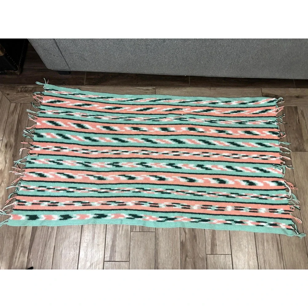 Vintage‎ Handmade Crochet Southwest Style Throw Blanket Afghan 37x72 Fringe